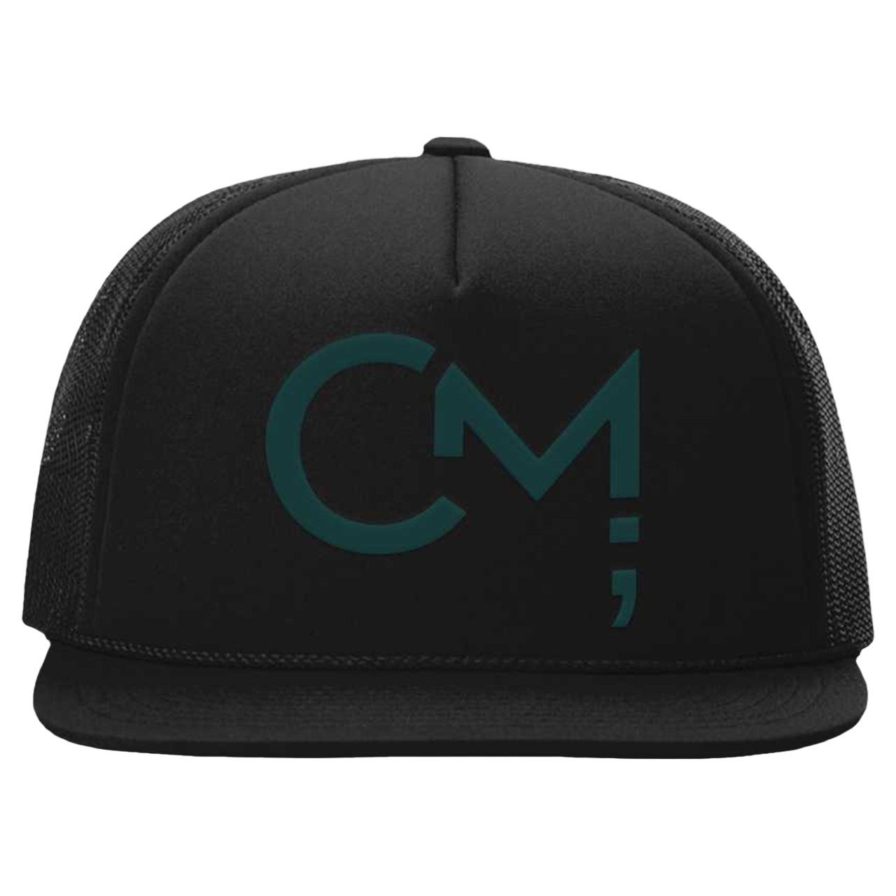 black flatbill foam trucker hat features a deep teal "CM Logo"
