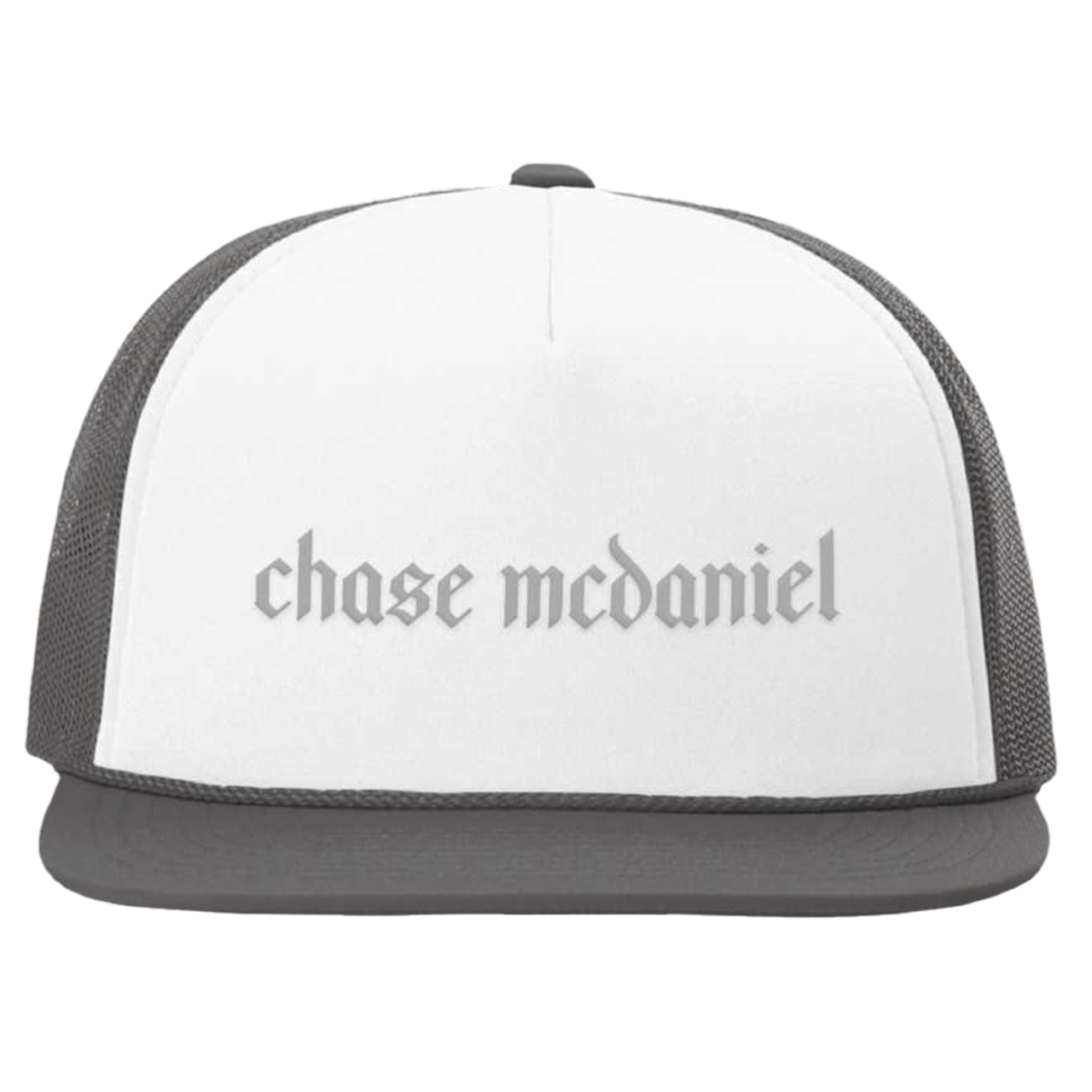 white and grey flatbill foam trucker hat features a light grey "Chase McDaniel" logo